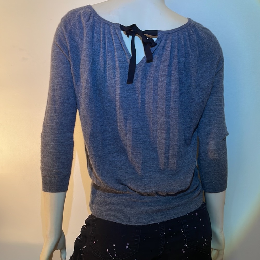 Loft Tie Back Pleated Gray Sweater, 3/4 Sleeve, XS